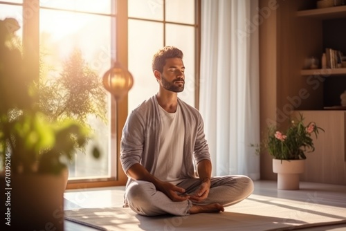 Healthy serene young man meditating at home, relaxing body and mind sitting on floor in living room. Mental health and meditation for no stress.