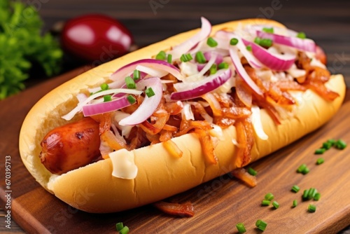 topping a hot dog in bun with chopped onions