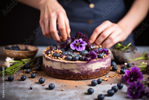 hand decorating raw vegan cheesecake with blueberries