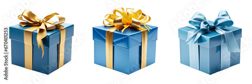 A set of blue gift boxes isolated on a transparent background
