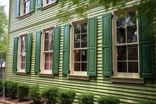 green shutters on windows of a georgian house with a hip roof