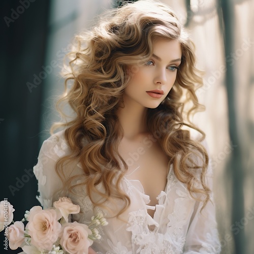 illustration of Bridal Hairstyles loose curls soft light shot on fuj, Generative ai