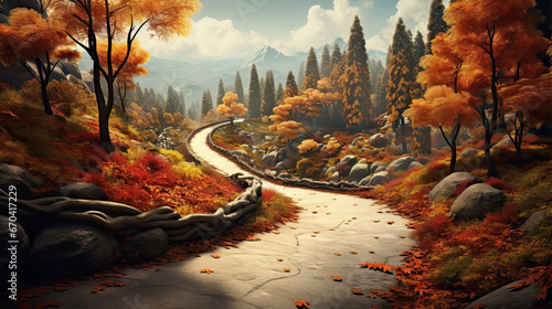 A winding road in the middle of a forest in autumn.