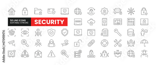 Set of 50 Security line icons set. Security outline icons with editable stroke collection. Includes Fingerprint, Firewall, Cyber Security, Protection, Secure Payment and More.