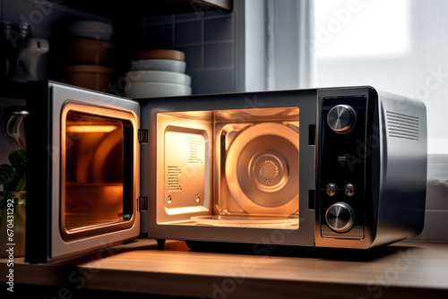 Close up of opened microwave oven in background of modern kitchen. Electrical appliance concept of technology and cooking.