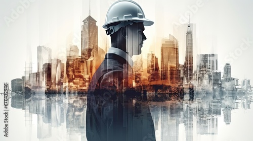 Double exposure of Engineer with safety helmet on construction site background. Engineering and architecture concept