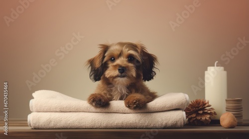 Cute little yorkshire terrier puppy sitting on a towel.