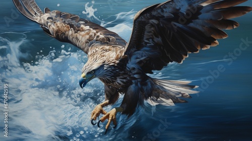 A hawk, descending in a dance spiral, its shadow mingling with the azure waters.