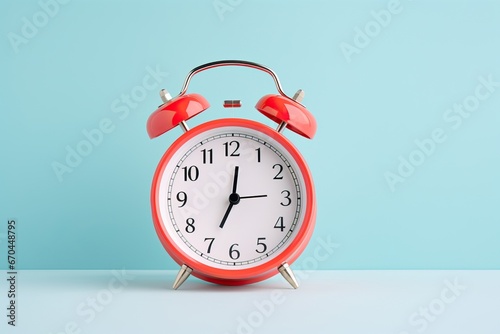Modern alarm clock in retro style on cyan color batteries isolated on blue background. Time and morning concept.