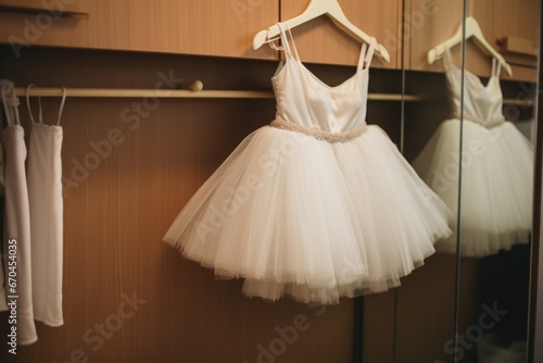 white ballet tutu hanging in a dressing room