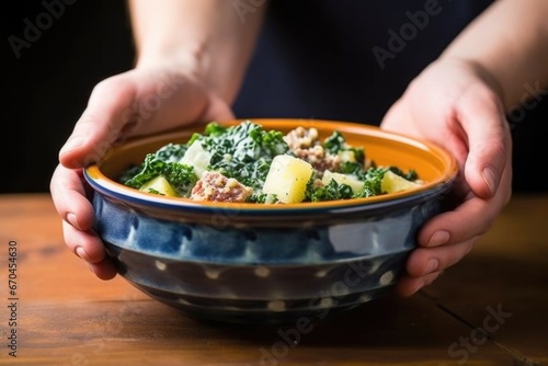 hand holding a bowl of zuppa toscana towards the camera