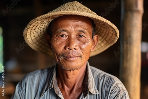 Portrait of a senior asian man wearing a straw hat.