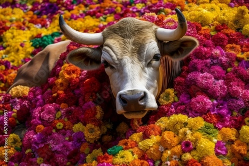 Bull flowers colorful sitting. Nature bovid animal in huge floral valley. Generate Ai