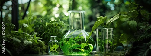 Plant research, green plant in a glass jar in a laboratory