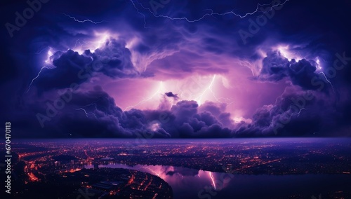 Realistic lightning bolts flashes composition with view of night city sky with clouds and thunderbolt illustration