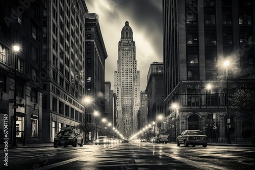 Moody monochrome view of cityscape, urban city, historical and classic, black and white
