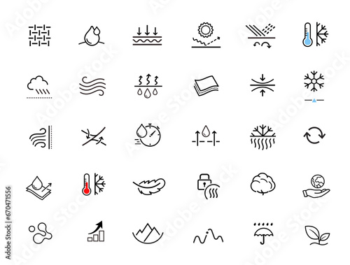 Set icons for durable and comfortable fabric, clothing. Vector illustration. Isolated on white background. It can be used in the adv, promo, package, etc. EPS10.