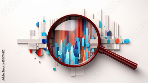 Illustration of a magnifying glass and blue, red, orange, and purple graph on a white background. Search, success, growth, progress.