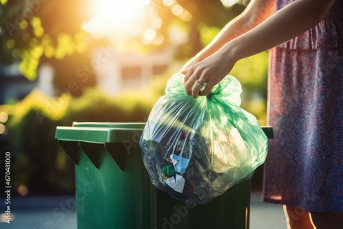 Woman opening bin to throw trash bag. Waster bag hold one plastic. Generate Ai