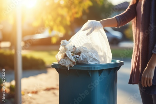 Woman opening bin to throw trash bag at morning. Dirt open waster disposal reuse. Generate Ai