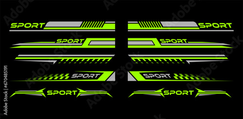Sport car decal stripes, Car stickers Green striping. Isolated on black background