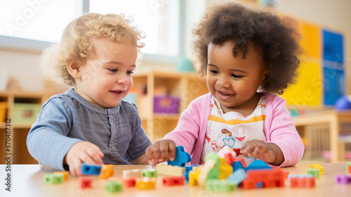 Two interracial toddlers playing toys in kindergarten. Adorable black and white toddlers playing together.