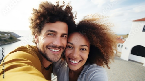 Portrait of happy couple taking selfie with mobile phone. Man and woman smiling and looking at camera. Generative AI