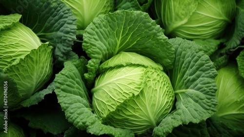 Fresh green cabbage in a vegetable garden, close-up. Food background. Generative AI