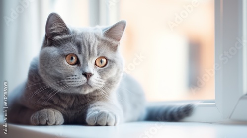 Portrait of a beautiful british shorthair cat lying on the windowsill Generative AI