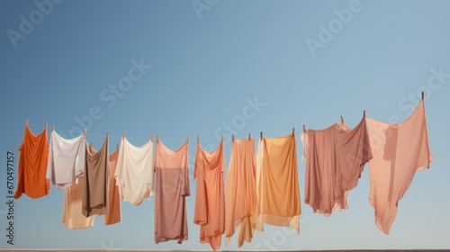 Clothes drying on a rope against the blue sky. illustration. Generative AI