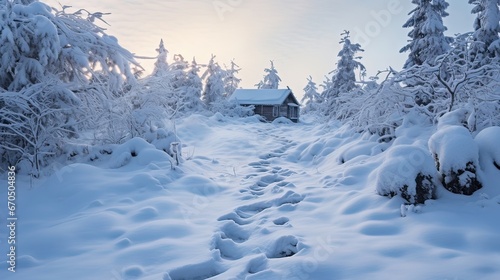 Snowy footprints lead to a remote cabin in the wilderness. Winter serenity, secluded retreat, snowy pathway, cozy refuge, cold-weather tranquility. Generated by AI.