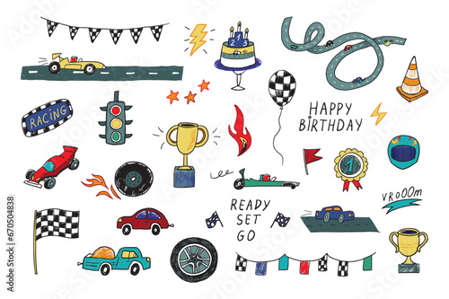 Racing cars Happy Birthday vector illustrations set.
