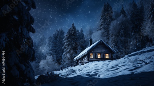 Winter or Christmas publicizing foundation with purge white painted rural wooden sheets ignoring a lit cold timber mountain cabin with falling snow for item arrangement