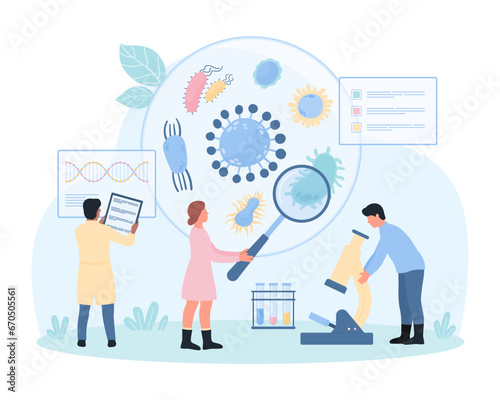 Epidemiology, bacteriology and infectious disease research vector illustration. Cartoon tiny people with magnifying glass and laboratory microscope study microorganisms in Petri dish, test tubes