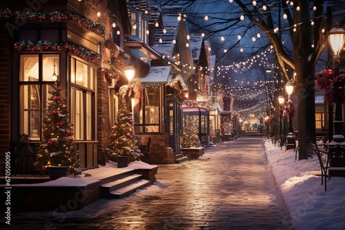 Christmas Street, A Vibrant Winter Wonderland Aglow with Twinkling Lights, Festive Decorations, and Snow-Covered Sidewalks, Evoking the Magic of the Season