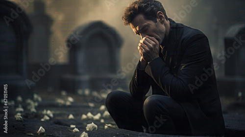 Christian man crying next to a grave with a headstone for a deceased relative in the family