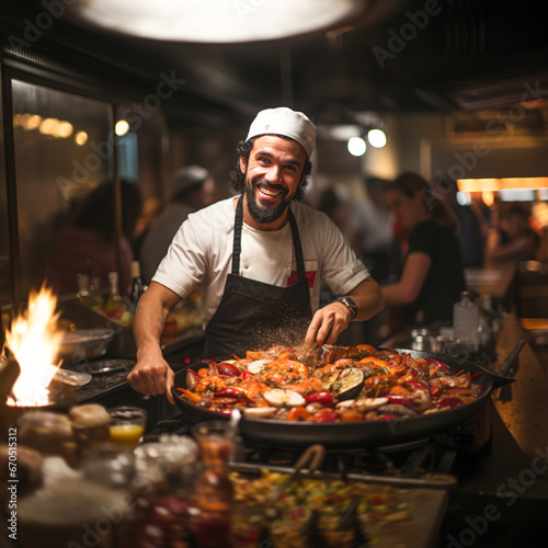 Chef in a white chef's hat prepares a typical Spanish seafood paella in a paella pan, ai generated