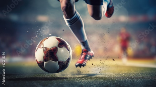 Soccer player kicking the ball on a soccer grass field in front of a blurred stadium. Sport concept background