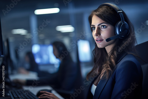 Young businesswoman with headset working on computer in modern office.