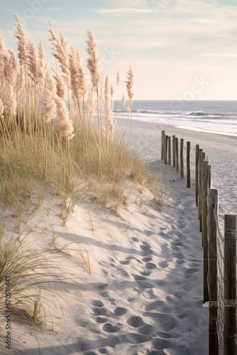 Stunning Tranquil Beach Landscape. Coast dune beach sea, panorama. Wooden fences on the shore. Sand and green grass.