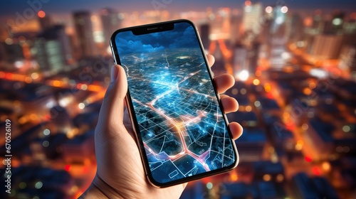 Smartphone with a city navigation map in a person’s hand against the background of a night city below. Concept of a satellite navigation system, geolocation