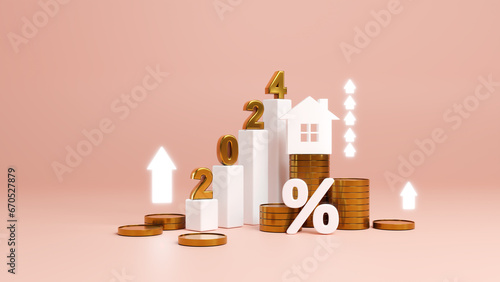 2024 Concept for new house, new year property, Wood house model and finance and banking house concept, financial success and growth concept. Real estate, rising interest rates. 3d render illustration