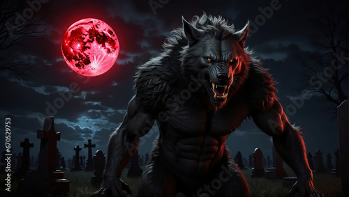 A werewolf in a cemetery at night with the blood moon in the background.