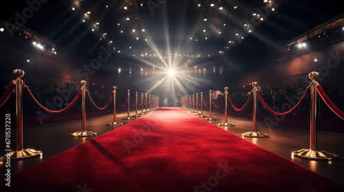 Red carpet rolling out in front of glamorous movie premiere.