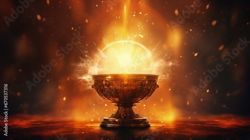 Golden monstrance on a fiery bokeh background.