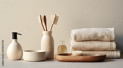 accessories for bath bowl, soap dispenser, brushes, tooth brush, towel and organic dry shampoo for personal hygiene. Zero waste, plastic free, sustainable decor for bathroom interior