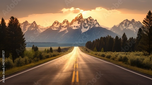 An open road leads to the Grand Teton's mountain range, rising in the distance beyond a thick pine forest. The last rays of sunlight shine on the mountain. Photo shot vertically to include more road.