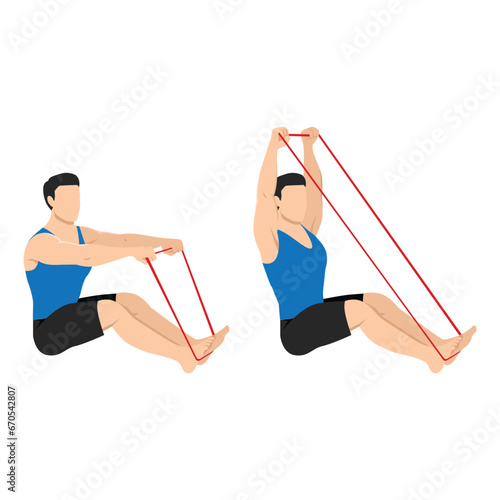 Man doing banded or resistance band seated overhead pull exercise. Flat vector illustration isolated on white background