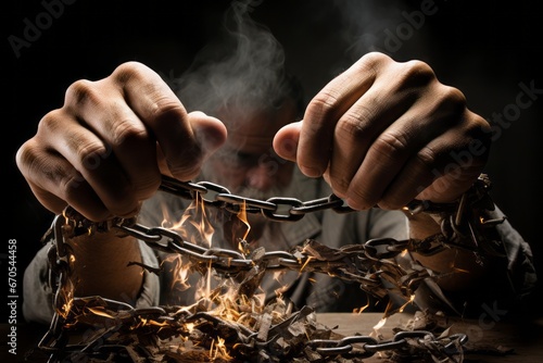 The man's hands are chained and burning