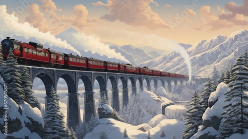 A wintertime illustration of a train traveling over a viaduct